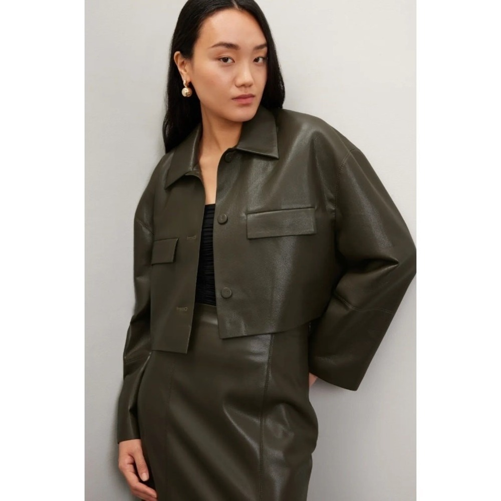 Nanushka Jacket Womens XL Green Holleen Vegan Leather Crop Button Up